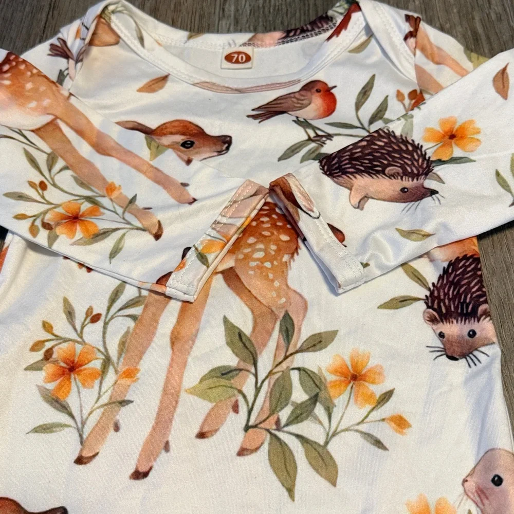 Woodland Baby Onesie with Deer & Floral Print - Cream